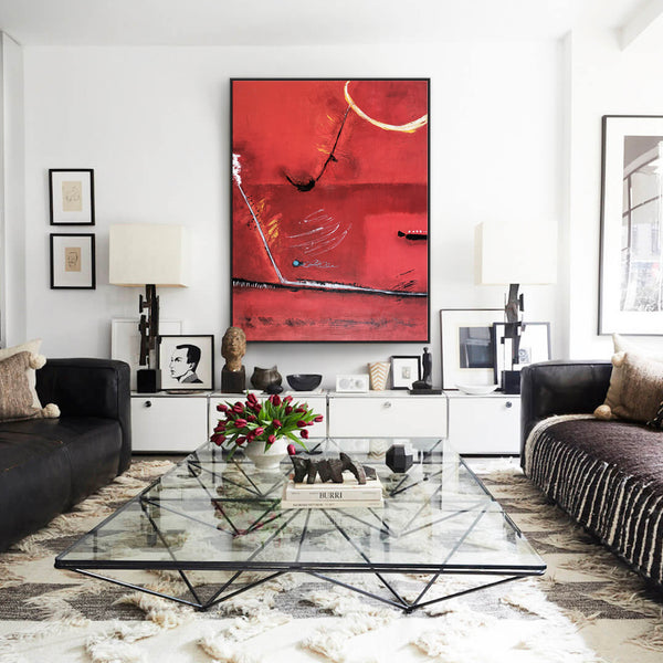 Red Minimalist Abstract Original Acrylic Painting, Large Modern Canvas Wall Art of a Surreal Space Story | A Tale