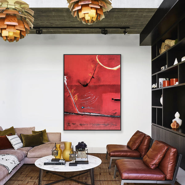 Red Minimalist Abstract Original Acrylic Painting, Large Modern Canvas Wall Art of a Surreal Space Story | A Tale