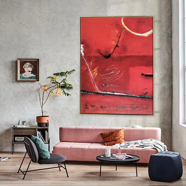 Red Minimalist Abstract Original Acrylic Painting, Large Modern Canvas Wall Art of a Surreal Space Story | A Tale