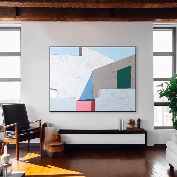 Minimalistic and Modern Geometric Abstract Painting, Original Canvas Wall Art | Afternoon 3 p.m. (Horizontal Ver.)