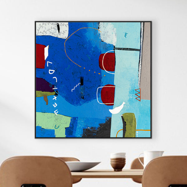 Lively Tale of Original Abstract Blue Painting, Contemporary Modern Abstract Canvas Wall Art | Azure myth (40"x40")
