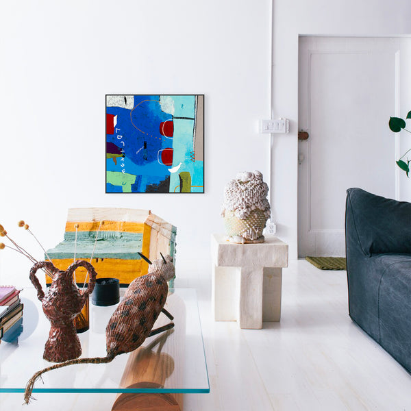 Lively Tale of Original Abstract Blue Painting, Contemporary Modern Abstract Canvas Wall Art | Azure myth (40"x40")