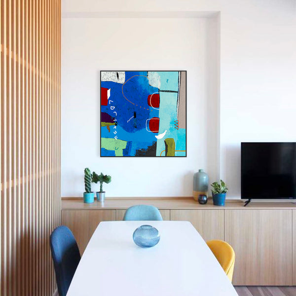 Lively Tale of Original Abstract Blue Painting, Contemporary Modern Abstract Canvas Wall Art | Azure myth (40"x40")