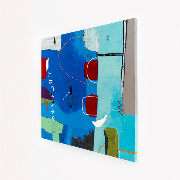 Lively Tale of Original Abstract Blue Painting, Contemporary Modern Abstract Canvas Wall Art | Azure myth (40"x40")