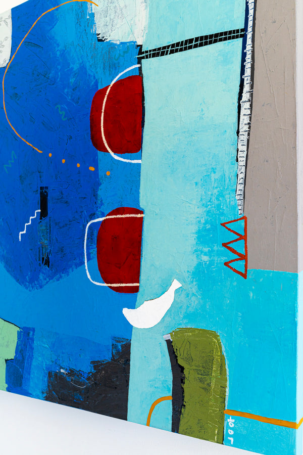 Lively Tale of Original Abstract Blue Painting, Contemporary Modern Abstract Canvas Wall Art | Azure myth (40"x40")