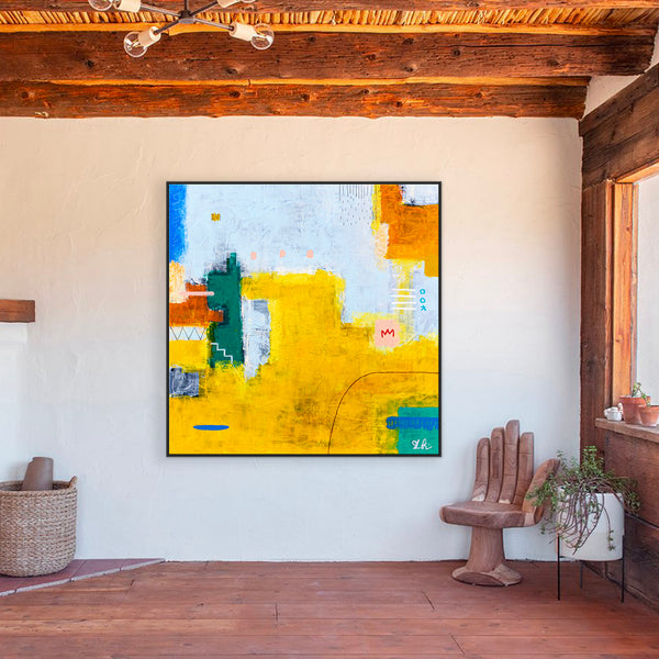 Modern Original Abstract Acrylic Painting, Playful with Bright Yellow Emphasis Large Canvas Wall Art | Belle