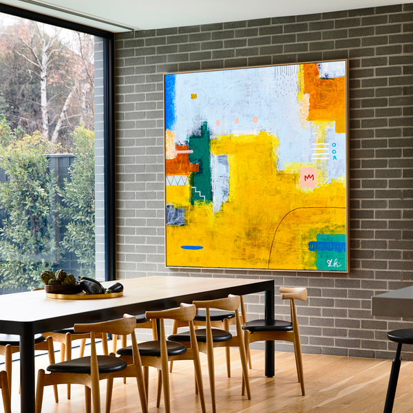 Modern Original Abstract Acrylic Painting, Playful with Bright Yellow Emphasis Large Canvas Wall Art | Belle