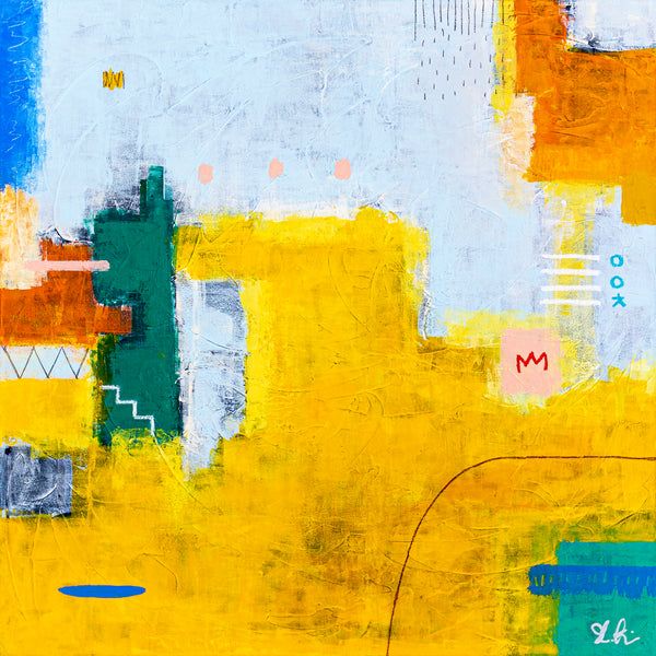 Modern Original Abstract Acrylic Painting, Playful with Bright Yellow Emphasis Large Canvas Wall Art | Belle