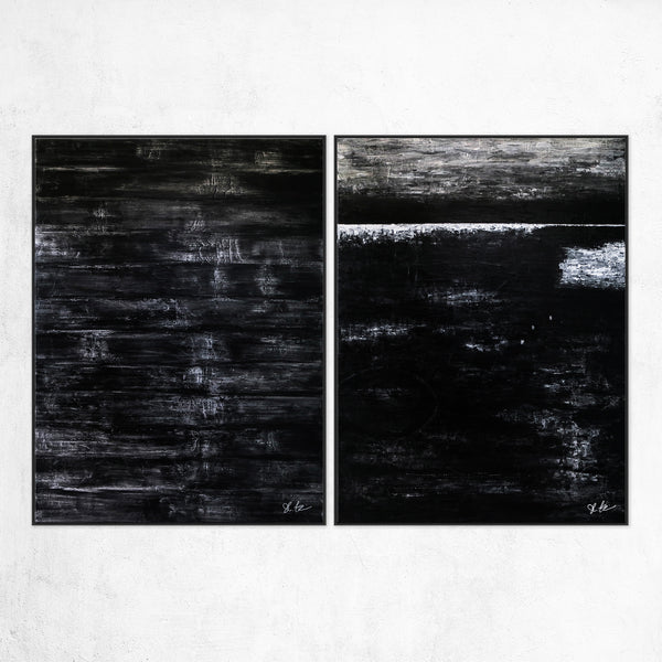2 Set of Modern Expressionism Abstract Painting, Black & White Canvas Art in Minimalism | Black Abstract (2 Set)