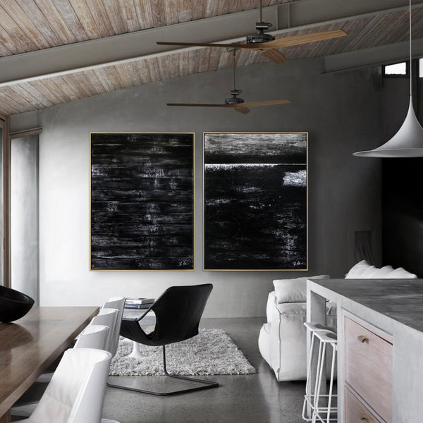 2 Set of Modern Expressionism Abstract Painting, Black & White Canvas Art in Minimalism | Black Abstract (2 Set)
