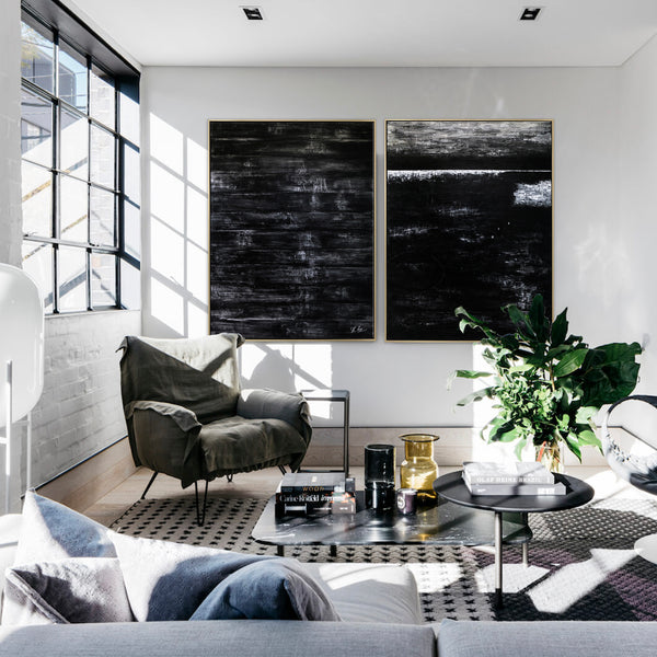 2 Set of Modern Expressionism Abstract Painting, Black & White Canvas Art in Minimalism | Black Abstract (2 Set)
