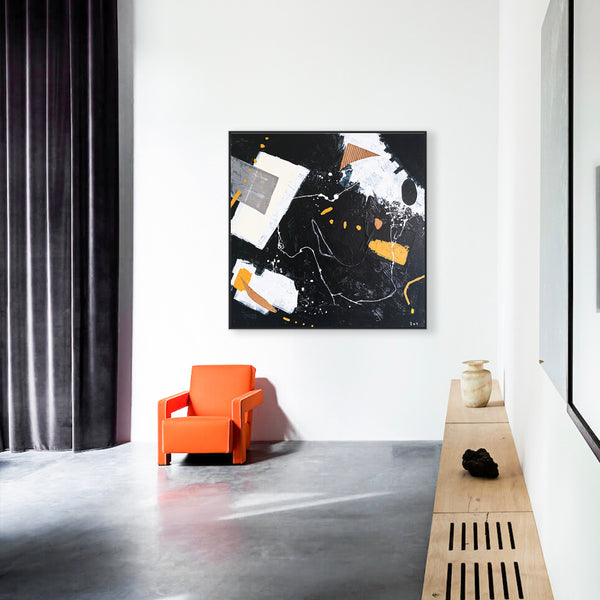 Dynamic Mixed Media Modern Abstract Original Painting, Canvas Wall Art in Monochrome Palette | Black abstract with objects (40"x40")