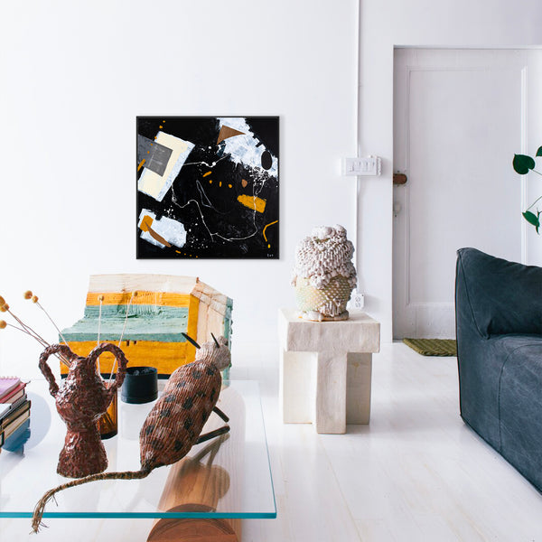 Dynamic Mixed Media Modern Abstract Original Painting, Canvas Wall Art in Monochrome Palette | Black abstract with objects (40"x40")