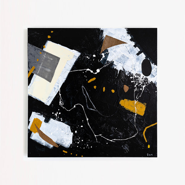 Dynamic Mixed Media Modern Abstract Original Painting, Canvas Wall Art in Monochrome Palette | Black abstract with objects (40"x40")