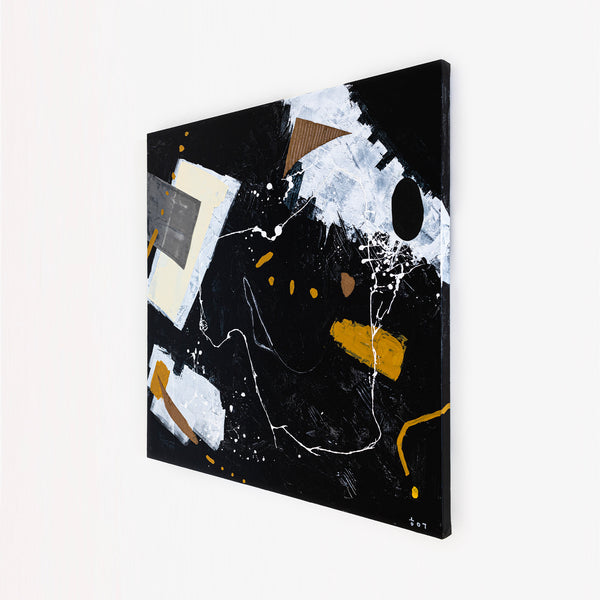 Dynamic Mixed Media Modern Abstract Original Painting, Canvas Wall Art in Monochrome Palette | Black abstract with objects (40"x40")