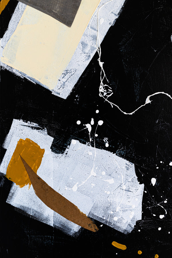 Dynamic Mixed Media Modern Abstract Original Painting, Canvas Wall Art in Monochrome Palette | Black abstract with objects (40"x40")