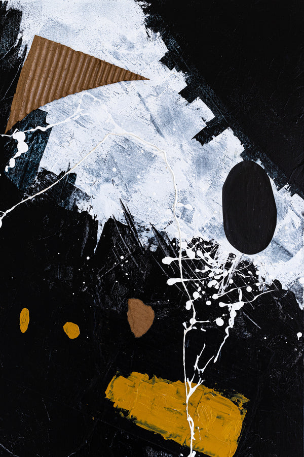 Dynamic Mixed Media Modern Abstract Original Painting, Canvas Wall Art in Monochrome Palette | Black abstract with objects (40"x40")