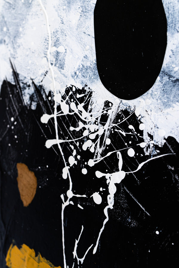 Dynamic Mixed Media Modern Abstract Original Painting, Canvas Wall Art in Monochrome Palette | Black abstract with objects (40"x40")