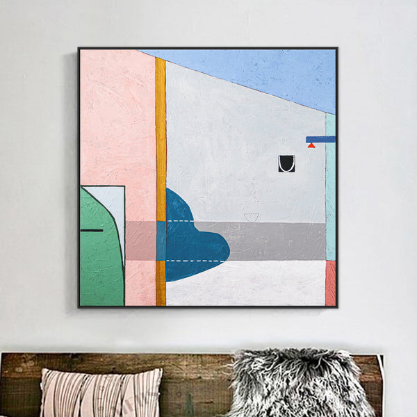 Geometric Modern Abstract Original Acrylic Painting, Calm and Warm Contemporary Canvas Wall Art | Blue chair