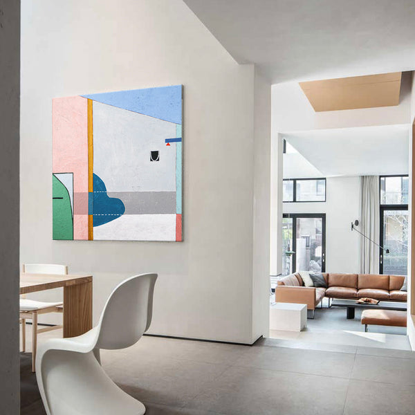Geometric Modern Abstract Original Acrylic Painting, Calm and Warm Contemporary Canvas Wall Art | Blue chair
