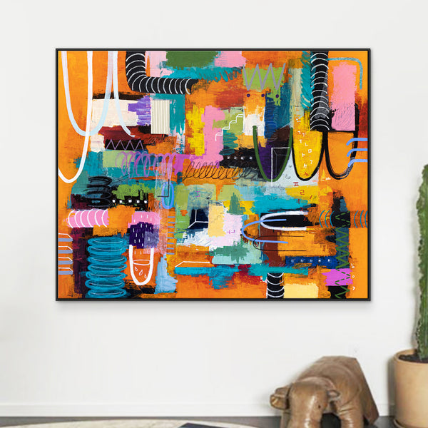 Vibrant Modern Abstract Painting, Unrestrained Expressions in Canvas Wall Art | Cadmium orange mindscape (60"x48")