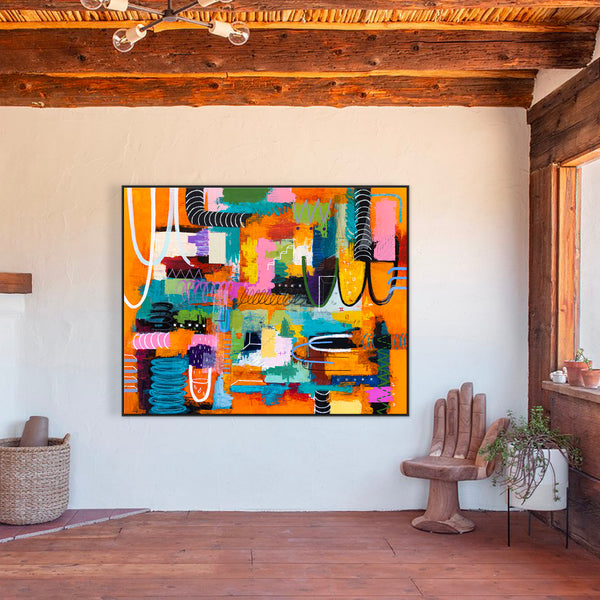 Vibrant Modern Abstract Painting, Unrestrained Expressions in Canvas Wall Art | Cadmium orange mindscape (60"x48")