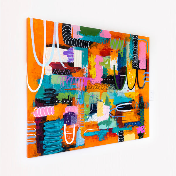 Vibrant Modern Abstract Painting, Unrestrained Expressions in Canvas Wall Art | Cadmium orange mindscape (60"x48")