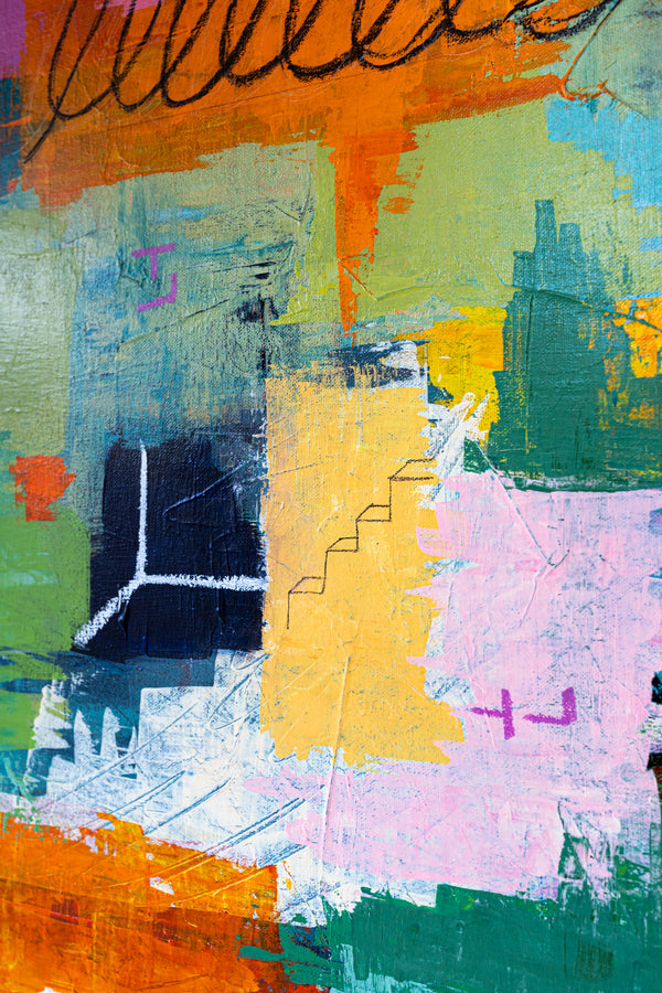 Vibrant Modern Abstract Painting, Unrestrained Expressions in Canvas Wall Art | Cadmium orange mindscape (60"x48")