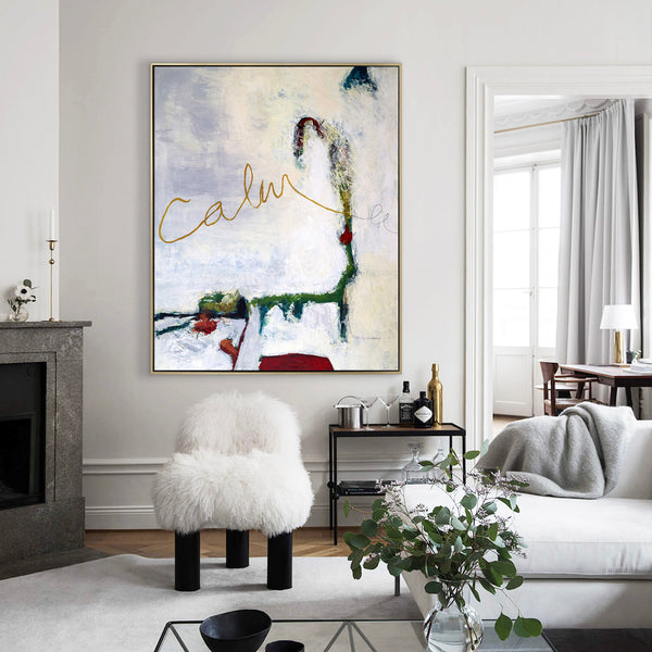 Poetic Large Modern Abstract Original Acrylic Painting, Symphony of Green & Off-White in Abstract Expression | Calm