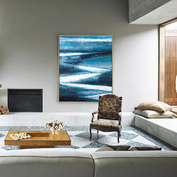 Original Abstract Acrylic Painting in Dark Blue Tones, Large Modern Expressionist Canvas Wall Art Journey | Channel