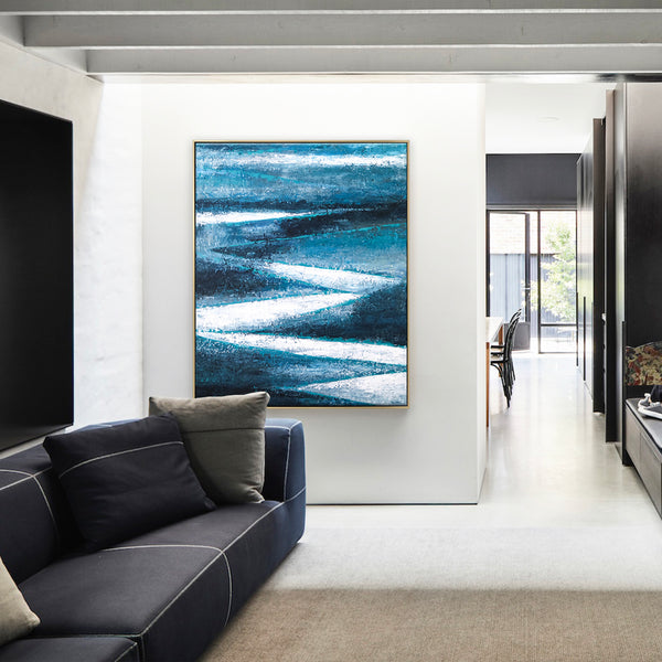 Original Abstract Acrylic Painting in Dark Blue Tones, Large Modern Expressionist Canvas Wall Art Journey | Channel