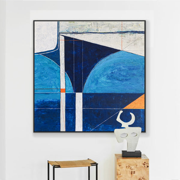 Classic & Modern Geometric Abstract Painting in Acrylic, Contemporary Blue Large Modern Canvas Wall Art | Circa