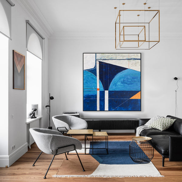 Classic & Modern Geometric Abstract Painting in Acrylic, Contemporary Blue Large Modern Canvas Wall Art | Circa