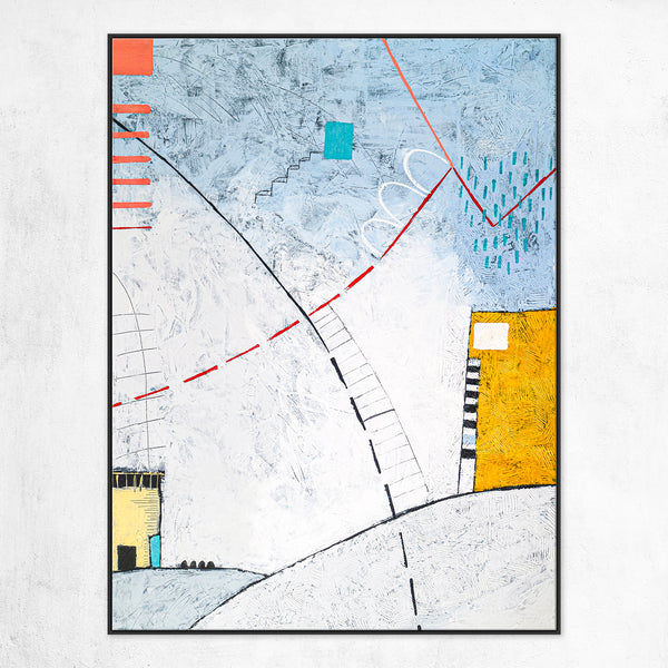 Playful Large original Abstract Painting, Modern Canvas Wall Art of Two Buildings Amidst Cozy Comfort | Domus