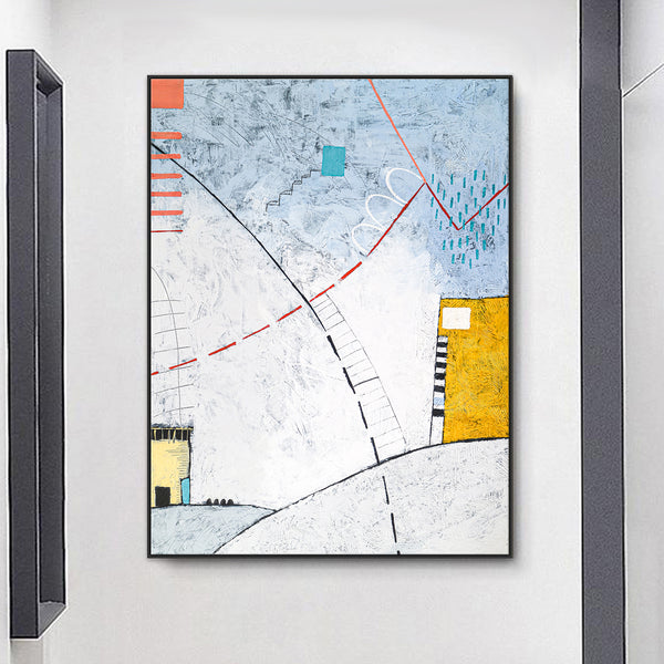 Playful Large original Abstract Painting, Modern Canvas Wall Art of Two Buildings Amidst Cozy Comfort | Domus