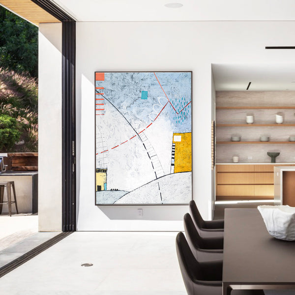 Playful Large original Abstract Painting, Modern Canvas Wall Art of Two Buildings Amidst Cozy Comfort | Domus