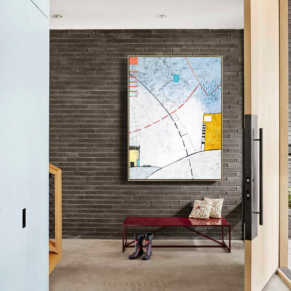 Playful Large original Abstract Painting, Modern Canvas Wall Art of Two Buildings Amidst Cozy Comfort | Domus