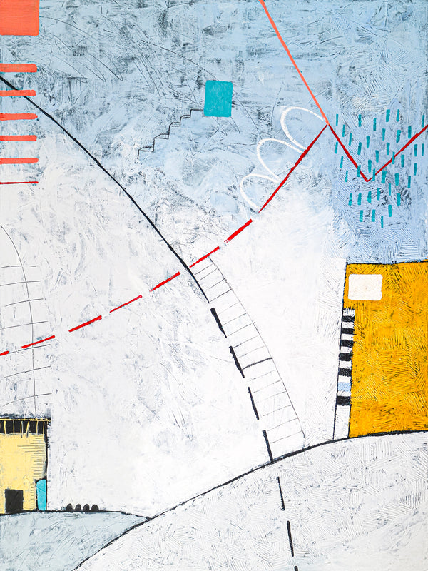 Playful Large original Abstract Painting, Modern Canvas Wall Art of Two Buildings Amidst Cozy Comfort | Domus