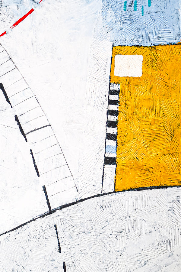 Playful Large original Abstract Painting, Modern Canvas Wall Art of Two Buildings Amidst Cozy Comfort | Domus