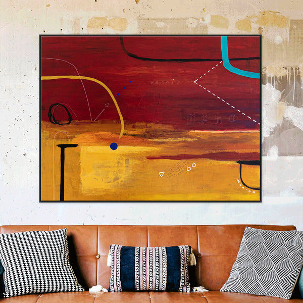 Modern Original Abstract Acrylic Painting with Geometric Elements, Red and Yellow Large Canvas Wall Art | Dypdrom