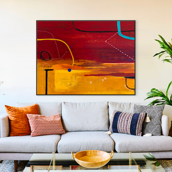 Modern Original Abstract Acrylic Painting with Geometric Elements, Red and Yellow Large Canvas Wall Art | Dypdrom
