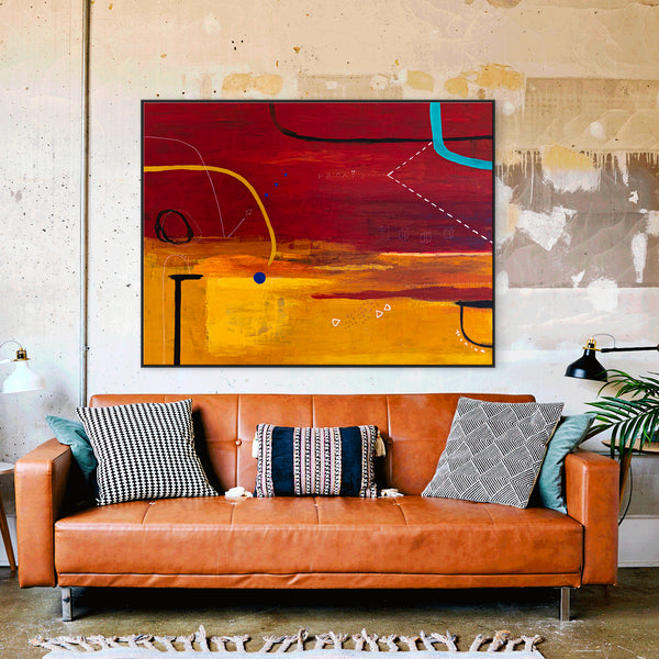 Modern Original Abstract Acrylic Painting with Geometric Elements, Red and Yellow Large Canvas Wall Art | Dypdrom