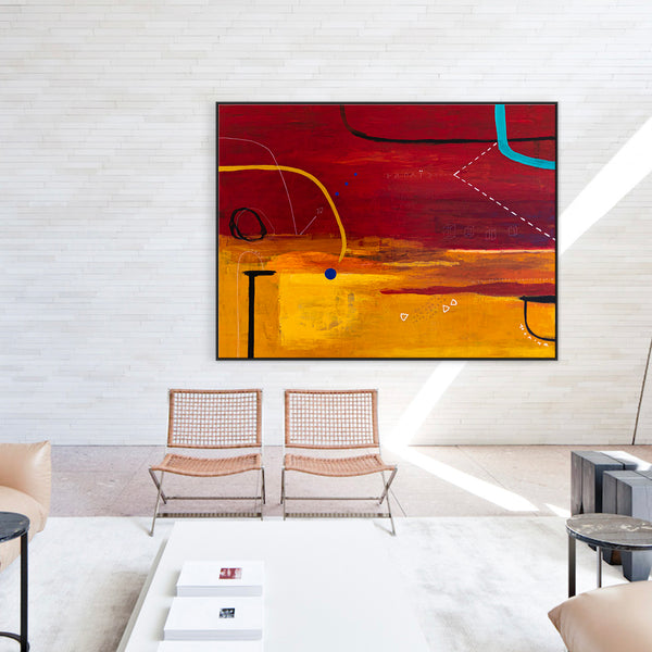 Modern Original Abstract Acrylic Painting with Geometric Elements, Red and Yellow Large Canvas Wall Art | Dypdrom