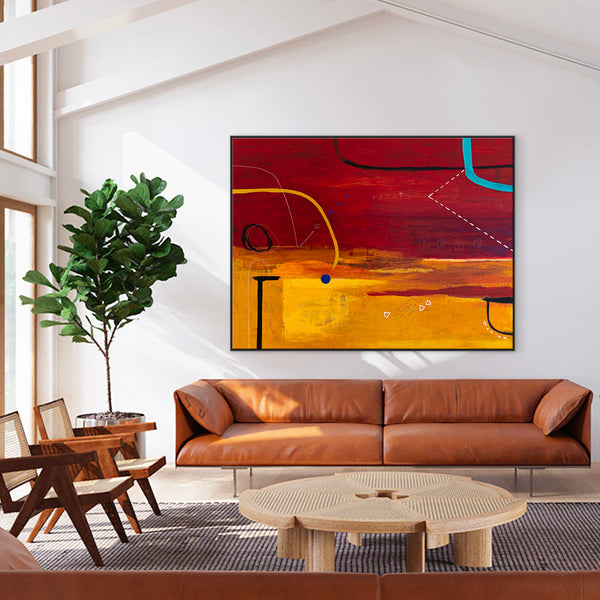 Modern Original Abstract Acrylic Painting with Geometric Elements, Red and Yellow Large Canvas Wall Art | Dypdrom