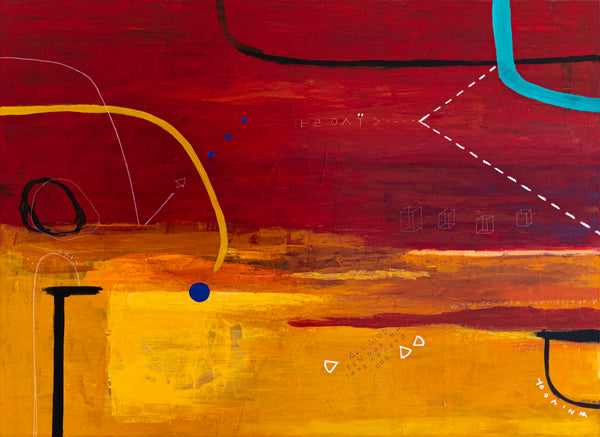 Modern Original Abstract Acrylic Painting with Geometric Elements, Red and Yellow Large Canvas Wall Art | Dypdrom