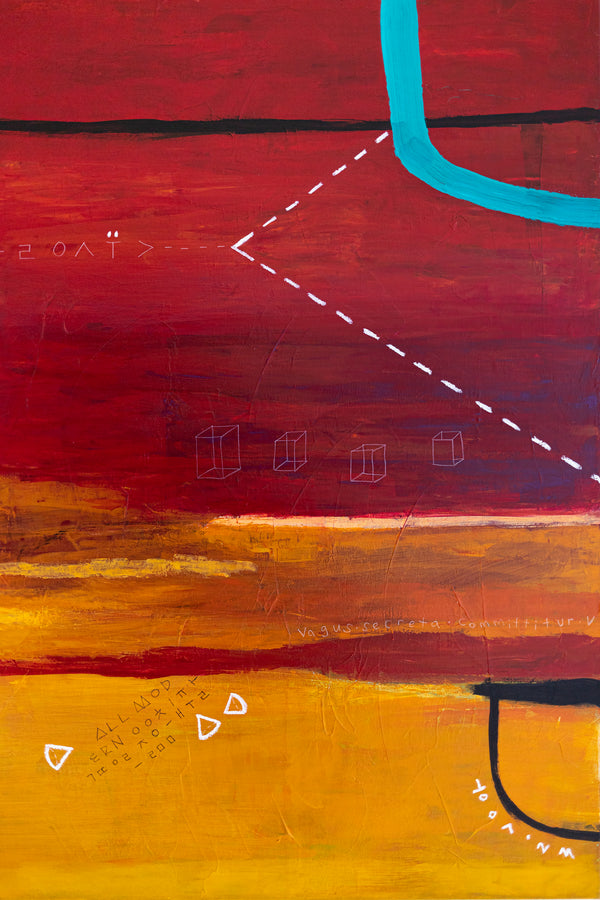 Modern Original Abstract Acrylic Painting with Geometric Elements, Red and Yellow Large Canvas Wall Art | Dypdrom