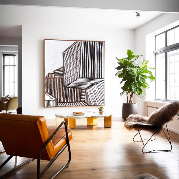Minimalist Large Original Abstract Painting in Acrylic, Black & White Modern Contemporary Canvas Wall Art | Es III