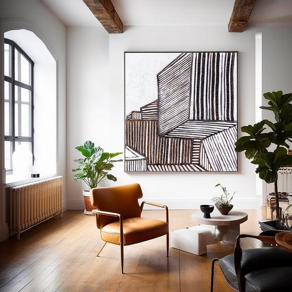 Minimalist Large Original Abstract Painting in Acrylic, Black & White Modern Contemporary Canvas Wall Art | Es III