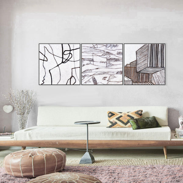 Minimalist Large Original Abstract Acrylic Painting, Black & White Modern Contemporary Canvas Wall Art | Es (3 Set)