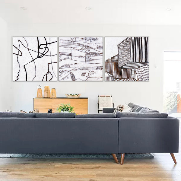 Minimalist Large Original Abstract Acrylic Painting, Black & White Modern Contemporary Canvas Wall Art | Es (3 Set)